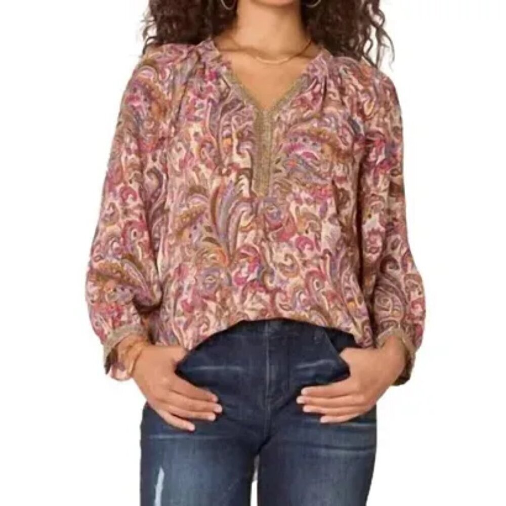 DEMOCRACY 3/4 Sleeve Blouse Embellished Paisley Print Women's Size Petite Large
